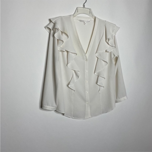 Veronica Beard Ruffle Shoulder Top Button Down 6 White - Picture 11 of 12